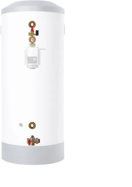 Produktfoto: STIEBEL ELTRON Kompaktinstallation WPKl 5-I, 205875. Weißer, zylindrischer Warmwasserspeicher mit grauem Sockel und Deckel, Armaturen sichtbar.
